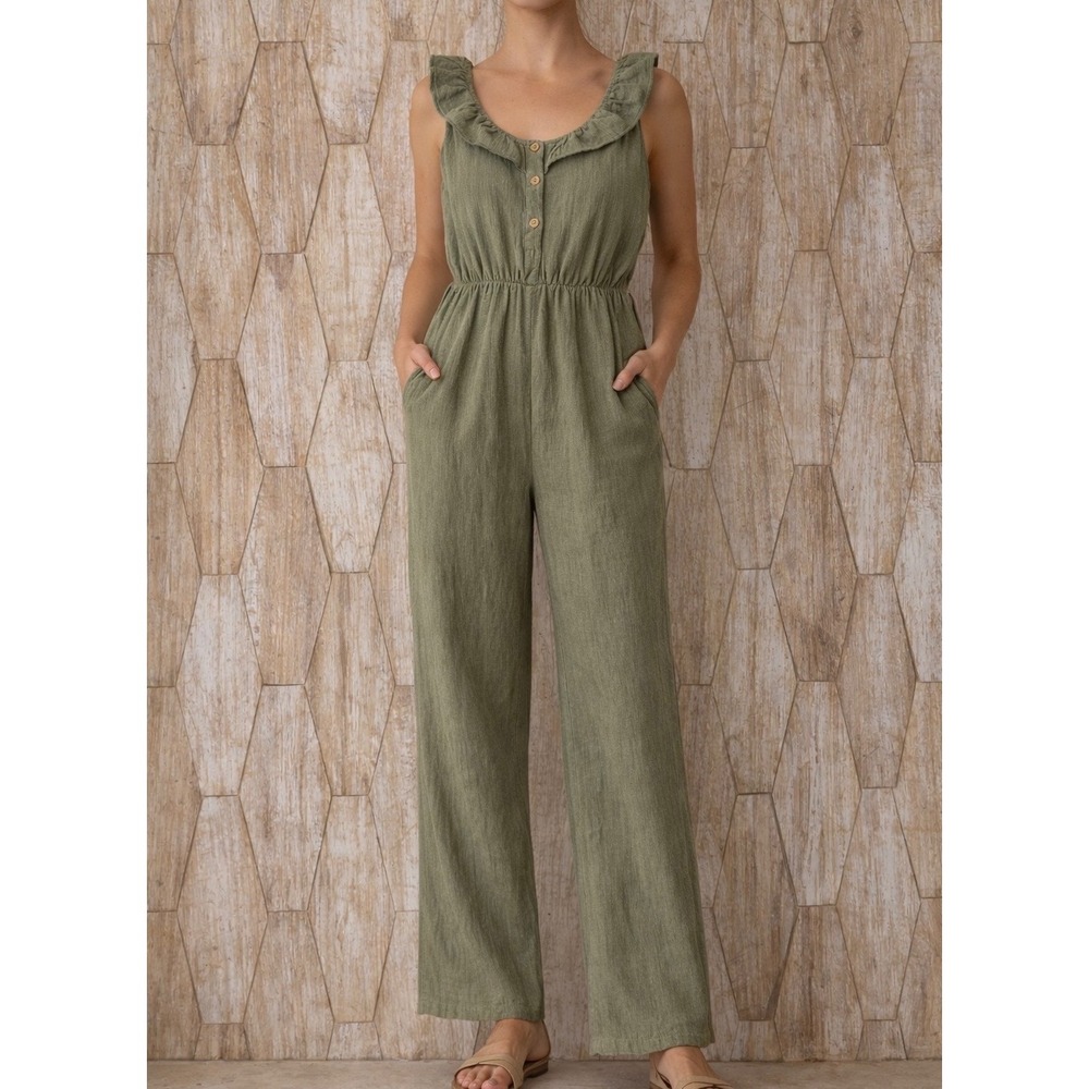 PatPat Women's Size S Ruffle Sleeveless Jumpsuit Pants Green Beach Pockets